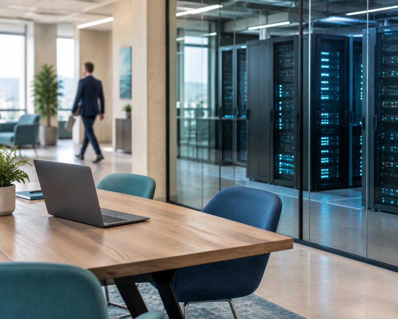 Ufficio moderno con sala server a vista — l'infrastruttura IT al centro dell'azienda